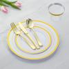 imageAOZITA 600 Pcs Silver Plastic Dinnerware Set for 100 Guests Disposable Plastic Plates for Party Wedding Birthday 100 Dinner Plates 100 Salad Plates 100 Spoons 100 Forks 100 Knives 100 CupsGold