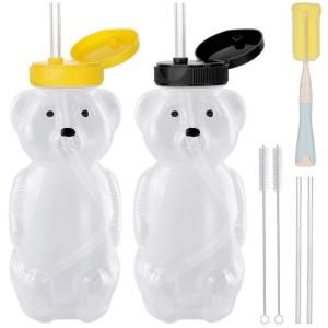 image2 Pack Honey Bear Straw Cups with 4 Flexible Straws ampamp Cleaning Tools2 Straw Brushes ampamp1 Bottle Brush 8Ounce Therapy Sippy Bottles for Speech and Feeding Training LeakProof ampamp FoodGrade ampamp BPA FreeYellow  Black