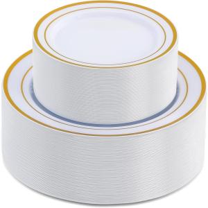 imageAOZITA 200 Pieces Gold Plastic Plates for Party Heavy Duty Disposable Plates  100 Plastic Dinner Plates and 100 Salad Plates for Party WeddingGold