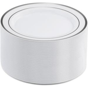 imageAOZITA 200 Pieces Gold Plastic Plates for Party Heavy Duty Disposable Plates  100 Plastic Dinner Plates and 100 Salad Plates for Party WeddingSilver