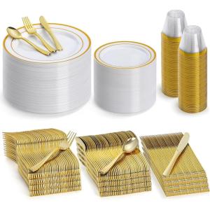 imageAOZITA 600 Pcs Silver Plastic Dinnerware Set for 100 Guests Disposable Plastic Plates for Party Wedding Birthday 100 Dinner Plates 100 Salad Plates 100 Spoons 100 Forks 100 Knives 100 CupsGold