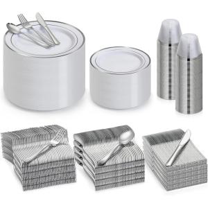 imageAOZITA 600 Pcs Silver Plastic Dinnerware Set for 100 Guests Disposable Plastic Plates for Party Wedding Birthday 100 Dinner Plates 100 Salad Plates 100 Spoons 100 Forks 100 Knives 100 CupsSilver