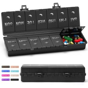 imageFoldable ampamp Dual Protection Weekly Pill Organizer 2 Times A Day with Etched Labels AM PM 7 Day Medicine Container Box Large Portable Week Travel Pill Case for Daily Medication Vitamin  PinkAll Black