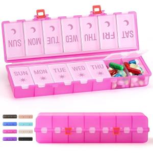imageFoldable ampamp Dual Protection Weekly Pill Organizer 2 Times A Day with Etched Labels AM PM 7 Day Medicine Container Box Large Portable Week Travel Pill Case for Daily Medication Vitamin  PinkClear Pink