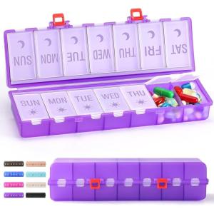 imageFoldable ampamp Dual Protection Weekly Pill Organizer 2 Times A Day with Etched Labels AM PM 7 Day Medicine Container Box Large Portable Week Travel Pill Case for Daily Medication Vitamin  PinkClear Purple
