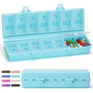 imageFoldable ampamp Dual Protection Weekly Pill Organizer 2 Times A Day with Etched Labels AM PM 7 Day Medicine Container Box Large Portable Week Travel Pill Case for Daily Medication Vitamin  PinkSky Blue
