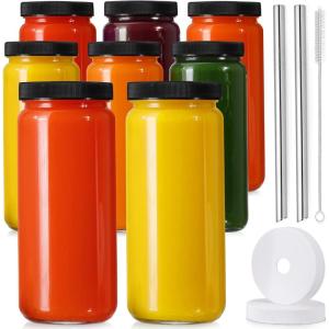 image 8 Pack  Glass Juicing Bottles with 2 Straws ampamp 2 Lids w Hole 16 OZ Travel Drinking Jars Water Cups with White Airtight Lids Reusable Tall Mason Jar for Juice Bubble Tea Smoothie Tea KombuchaStyle2Black Lids