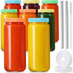 image 8 Pack  Glass Juicing Bottles with 2 Straws ampamp 2 Lids w Hole 16 OZ Travel Drinking Jars Water Cups with White Airtight Lids Reusable Tall Mason Jar for Juice Bubble Tea Smoothie Tea KombuchaStyle3Colored Lids