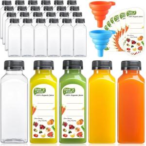 image24 PACK 12 OZ Reusable Plastic Juice Bottles with Caps Plus 24 Labels ampamp 2 Silicone Funnels  Clear Juicing Bottles for Juice Smoothies Ginger Tea Coffee  Food Grade ampamp Leakproof Travel Bottles