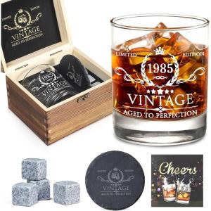image40th Birthday Gifts for Men Whiskey Glass Set  40th Birthday Decorations Party Supplies  40 Year Anniversary Bday Gifts Ideas for Him Dad Husband Friends  Wood Box ampamp Whiskey Stones ampamp Coaster40th