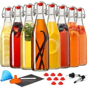 image8 Set 16 OZ Swing Top Glass Bottles  Flip Top Beer Brewing Bottles with Stopper for 2nd Fermentation Kombucha Mead Kefir Vanilla Extract Juice Tea Wine  Airtight Cap Lids Bonus 2 Pourers16OZ
