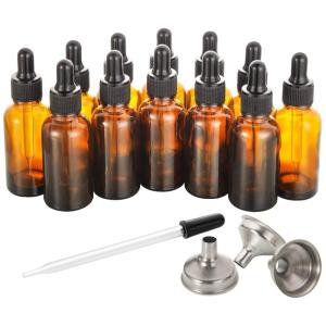 image12 Pack 2 oz Glass Dropper Bottle with 3 Stainless Steel Funnels ampamp 1 Long Eye Dropper  60ml Amber Glass Tincture Bottles for Travel Essential Oils Liquids  Leakproof1 OZ