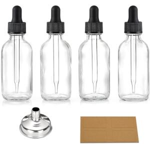 image4 Pcs 2 oz Clear Eye Dropper Bottles with 1 Stainless Steel Funnels ampamp 4 Labels  Black Caps 60ml Thick Glass Tincture Bottles  Leakproof Essential Oils Bottles for Health Personal Care ampamp Beauty