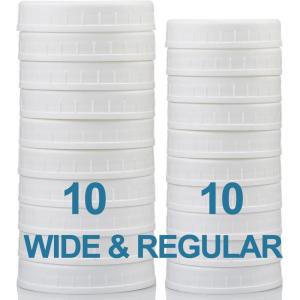 imageAOZITA 10 WIDE Mouth ampamp 10 REGULAR Mouth Mason Jar Lids  20 Pack Food Grade Plastic Mason Jar Caps for Ball Kerr and More Canning Jars  Leakproof ampamp Dishwasher Safe  White10 Wide 10 Regular