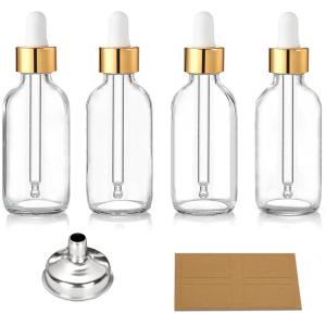 imageAOZITA Set of 4 2 oz Golden Cap Clear Dropper Bottles 60ml with 1 Funnel ampamp 4 Labels  Glass Tincture Bottles for Essential Oils with Eye Droppers  Leak Proof Travel Bottles for Liquids