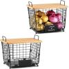 image2 Set XXL Stackable Wire Basket with Bamboo Tops ampamp Tag Pantry Organizer and Storage Bins Kitchen Counter Cabinet Shelf Countertop Under Sink Organizing Food Snack Produce Onion Potato Bread StorageL