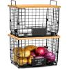image2 Set XXL Stackable Wire Basket with Bamboo Tops ampamp Tag Pantry Organizer and Storage Bins Kitchen Counter Cabinet Shelf Countertop Under Sink Organizing Food Snack Produce Onion Potato Bread StorageXL