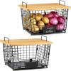 image2 Set XXL Stackable Wire Basket with Bamboo Tops ampamp Tag Pantry Organizer and Storage Bins Kitchen Counter Cabinet Shelf Countertop Under Sink Organizing Food Snack Produce Onion Potato Bread StorageXXL