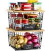 image2 Set XXL Stackable Wire Basket with Bamboo Tops ampamp Tag Pantry Organizer and Storage Bins Kitchen Counter Cabinet Shelf Countertop Under Sink Organizing Food Snack Produce Onion Potato Bread StorageXXL