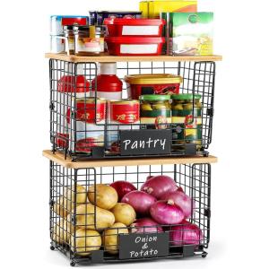 image2 Set XXL Stackable Wire Basket with Bamboo Tops ampamp Tag Pantry Organizer and Storage Bins Kitchen Counter Cabinet Shelf Countertop Under Sink Organizing Food Snack Produce Onion Potato Bread StorageXL