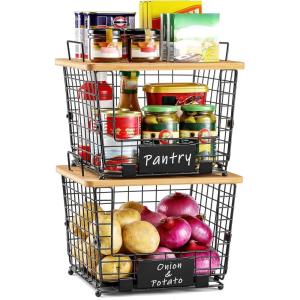 image2 Set XXL Stackable Wire Basket with Bamboo Tops ampamp Tag Pantry Organizer and Storage Bins Kitchen Counter Cabinet Shelf Countertop Under Sink Organizing Food Snack Produce Onion Potato Bread StorageL