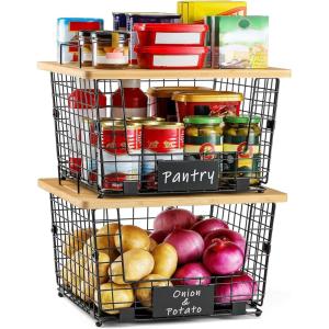image2 Set XXL Stackable Wire Basket with Bamboo Tops ampamp Tag Pantry Organizer and Storage Bins Kitchen Counter Cabinet Shelf Countertop Under Sink Organizing Food Snack Produce Onion Potato Bread StorageXXL