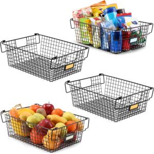 image4 Pack  XXXL Large  STACKABLE Wire Baskets for Organizing  Pantry Storage and Organization Metal Bins for Produce Food Fruit  Kitchen Bathroom Closet Cabinet Countertop Under Sink OrganizerXXXL LARGE