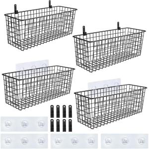 image4 Set EXTRA LARGE Hanging Wall Mount Storage Baskets with Adhesive Hooks ampamp Steel Hooks Multiuse Sturdy Wire Metal Organizing Baskets for Home Kitchen Bathroom Pantry Utility Organizer BlackBlack