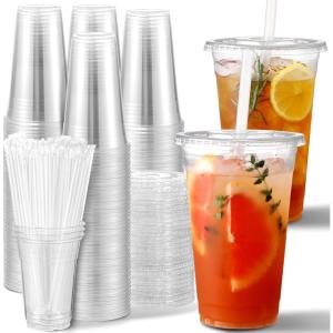 imageAOZITA 100 Pack 16 Oz Plastic Cups With Lids and Straws Iced Coffee Cups With Lids Disposable Clear Cups With Lids  for Iced Coffee Smoothie Milkshake and Cold Drinks20 Oz