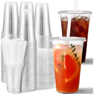 imageAOZITA 100 Pack 16 Oz Plastic Cups With Lids and Straws Iced Coffee Cups With Lids Disposable Clear Cups With Lids  for Iced Coffee Smoothie Milkshake and Cold Drinks24 Oz