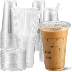 imageAOZITA 100 Pack 16 Oz Plastic Cups With Lids and Straws Iced Coffee Cups With Lids Disposable Clear Cups With Lids  for Iced Coffee Smoothie Milkshake and Cold Drinks12 Oz