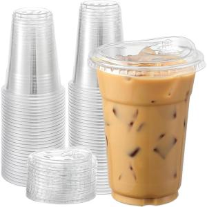 imageAOZITA 100 Sets 16 oz Crystal Clear Plastic Cups With Sip Lids Disposable Cups With Sip Through Lids for Iced Coffee Smoothie Milkshake Cold DrinksClear