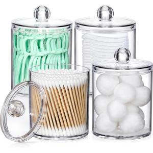 imageAOZITA 8 Pack Acrylic Qtip Holder Dispenser with Lids ampamp Labels Cotton Swab Ball Round Pads Floss Picks Storage Canister  Clear Plastic Apothecary Jar for Bathroom Vanity Makeup Organizer4 Pack