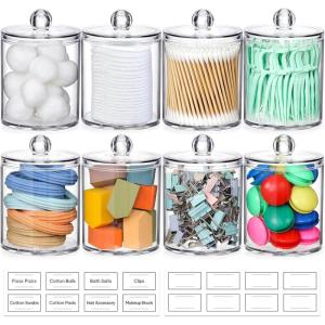 imageAOZITA 8 Pack Acrylic Qtip Holder Dispenser with Lids ampamp Labels Cotton Swab Ball Round Pads Floss Picks Storage Canister  Clear Plastic Apothecary Jar for Bathroom Vanity Makeup Organizer8 Pack
