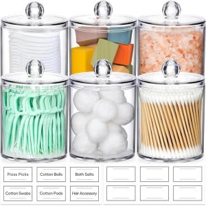 imageAOZITA 8 Pack Acrylic Qtip Holder Dispenser with Lids ampamp Labels Cotton Swab Ball Round Pads Floss Picks Storage Canister  Clear Plastic Apothecary Jar for Bathroom Vanity Makeup Organizer6 Pack