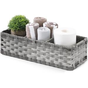 imageLarger Compartments Toilet Tank Topper Paper Basket  Multiuse Hand Woven Plastic Wicker Basket with Divider for Organizing Rustic Farmhouse Bathroom Decor Countertop Organizer Storage BrownGrey