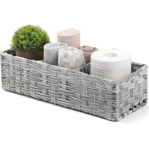 imageLarger Compartments Toilet Tank Topper Paper Basket  Multiuse Hand Woven Plastic Wicker Basket with Divider for Organizing Rustic Farmhouse Bathroom Decor Countertop Organizer Storage BrownGray Wash