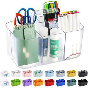 imageMultiuse Caddy Organizer w Handle  Stackable Plastic Tote Bin  Art Craft Supplies Office Desk Stationery Pen Holder Kitchen Utensil Makeup Bathroom Shower Cleaning Dorm Organizer  YellowFrosted Clear