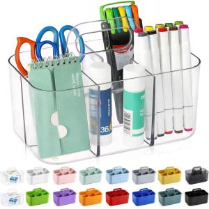 imageMultiuse Caddy Organizer w Handle  Stackable Plastic Tote Bin  Art Craft Supplies Office Desk Stationery Pen Holder Kitchen Utensil Makeup Bathroom Shower Cleaning Dorm Organizer  YellowClear