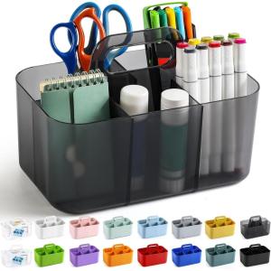 imageMultiuse Caddy Organizer w Handle  Stackable Plastic Tote Bin  Art Craft Supplies Office Desk Stationery Pen Holder Kitchen Utensil Makeup Bathroom Shower Cleaning Dorm Organizer  YellowClear Black