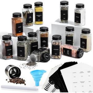 imageAOZITA 14 Pcs Glass Spice Jars with Spice Labels  8oz Empty Square Spice Bottles  Shaker Lids and Airtight Metal Caps  Chalk Marker and Silicone Collapsible Funnel Included4 oz