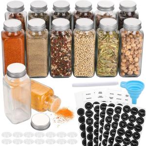 imageAOZITA 14 Pcs Glass Spice Jars with Spice Labels  8oz Empty Square Spice Bottles  Shaker Lids and Airtight Metal Caps  Chalk Marker and Silicone Collapsible Funnel Included8 oz