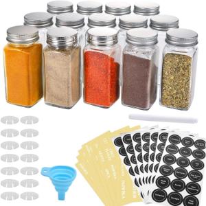 imageAOZITA 14 Pcs Glass Spice Jars with Spice Labels  8oz Empty Square Spice Bottles  Shaker Lids and Airtight Metal Caps  Chalk Marker and Silicone Collapsible Funnel IncludedAO14