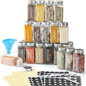 imageAOZITA 24 Pcs Glass Spice Jars with Labels  4oz Empty Square Spice Bottles Containers Condiment Pot Shaker Lids and Airtight Metal Caps  Silicone Collapsible FunnelAO001