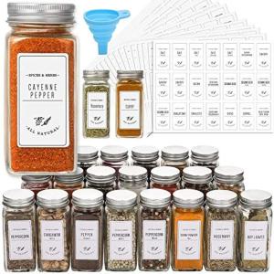 imageAOZITA 24 Pcs Glass Spice Jars with White Printed Spice Labels  4oz Empty Square Spice Bottles  Shaker Lids and Airtight Metal Caps  Silicone Collapsible Funnel