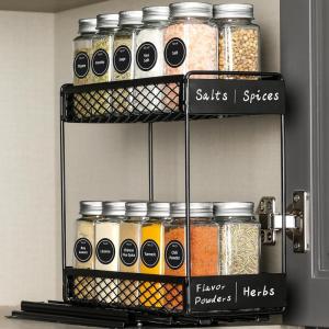 imageAOZITA Pull Out Spice Rack Organizer for Cabinet with 20 Glass Spice Jars Funnel Preprinted Spice Labels Funnel Heavy Duty Slide Out Seasoning Organizer for Kitchen Cabinets