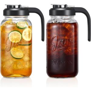 imageGlass Pitcher with Lid  2 Quart Mason Jar Pitcher with Filter Lid Wide Mouth Jar Leakproof Water Jug Heavy Duty Container for Water Juice Milk Tea Iced Coffee and Drinks  Set of 2