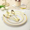 image600Pcs Rose Gold Plastic Dinnerware Set for 100 Guests Disposable Plastic Plates for Party Wedding Birthday Includes Dinner Plates 100 Salad Plates 100 Spoons 100 Forks 100 Knives 100 CupsGold