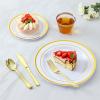 image600Pcs Rose Gold Plastic Dinnerware Set for 100 Guests Disposable Plastic Plates for Party Wedding Birthday Includes Dinner Plates 100 Salad Plates 100 Spoons 100 Forks 100 Knives 100 CupsGold
