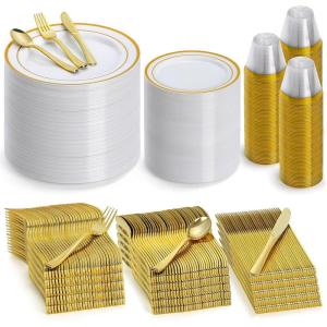 image600Pcs Rose Gold Plastic Dinnerware Set for 100 Guests Disposable Plastic Plates for Party Wedding Birthday Includes Dinner Plates 100 Salad Plates 100 Spoons 100 Forks 100 Knives 100 CupsGold